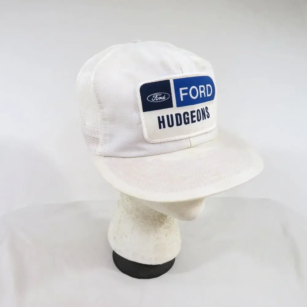 Hudgeons Ford Trucker Hat, White Blue, Snapback Louisville MFG Made In USA 1980s